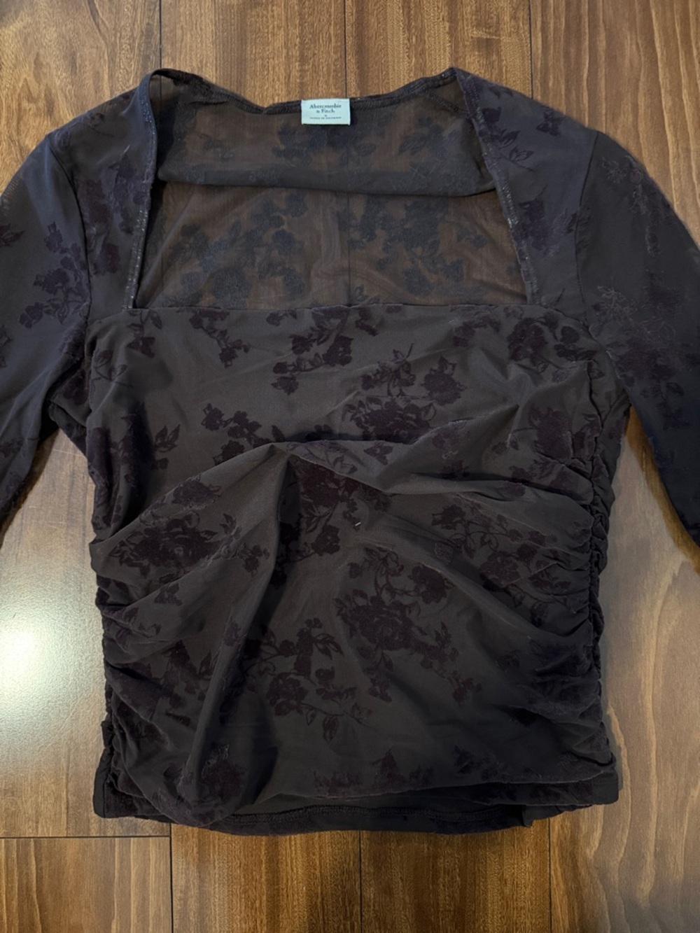 Abercrombie & Fitch Chocolate Brown Floral Mesh Ruched Top